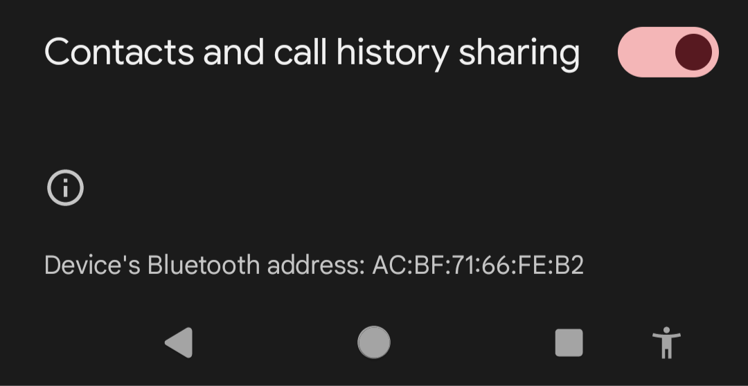 A screenshot from Android displaying the bottom of the device settings menu, a switch for contacts sharing, and the device's bluetooth MAC address.